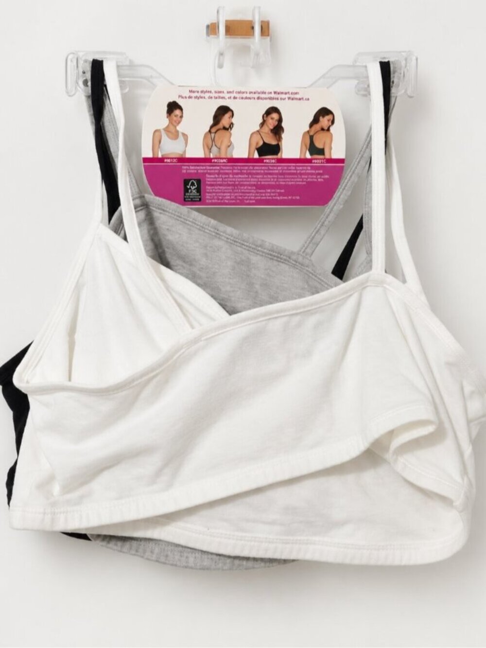 Fruit of the Loom Womens 42 Cami Strap Sports Bra 3 Pack Black White Gray Cotton - Picture 6 of 6